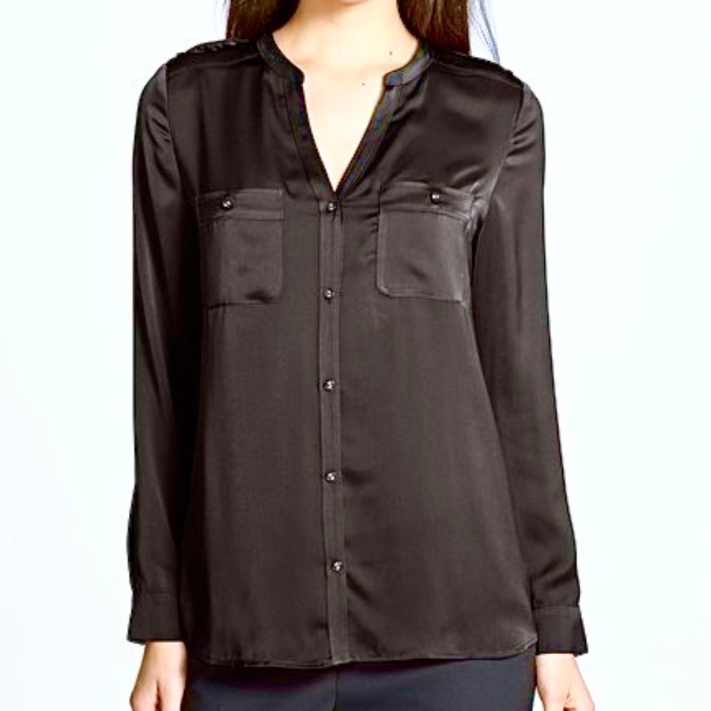 Trouve Black Satin Blouse Button Down with Pockets